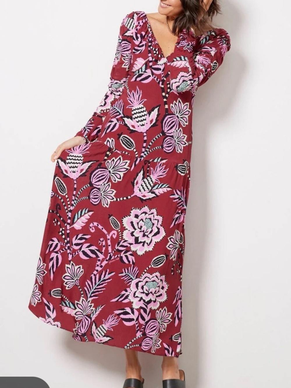 FARM Rio Burgundy Floral Maxi Dress with Pink and Black Accents